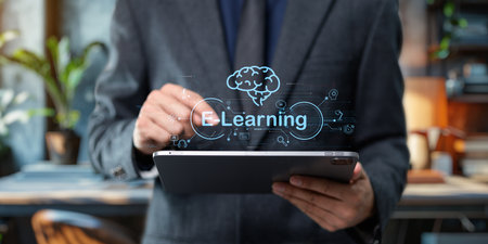 Hologram Ui shows about learning, studying, gaining knowledge, increasing skills in the online system. and in the classroom, online education, E learningの写真素材