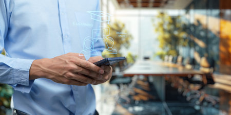Hologram Ui shows about learning, studying, gaining knowledge, increasing skills in the online system. and in the classroom, online education, E learningの写真素材