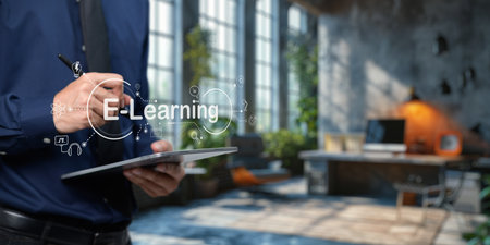 Hologram Ui shows about learning, studying, gaining knowledge, increasing skills in the online system. and in the classroom, online education, E learningの写真素材