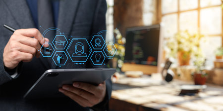 Hologram Ui shows about learning, studying, gaining knowledge, increasing skills in the online...