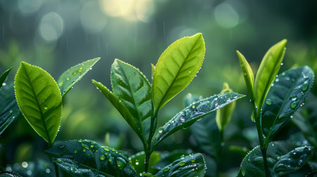 Close-up of fresh tea leaves glistening with morning dew, showcasing the vibrant green color and fine details Generative AIの写真素材