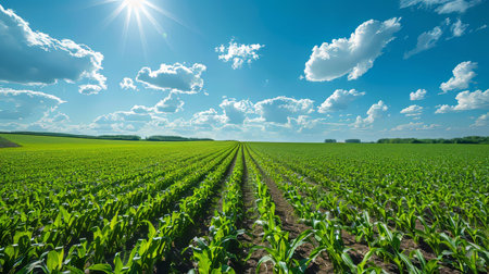 Expansive corn field under a bright blue sky with rows of tall green stalks stretching into the...