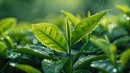 Close-up of fresh tea leaves glistening with morning dew, showcasing the vibrant green color and fine details Generative AIの写真素材