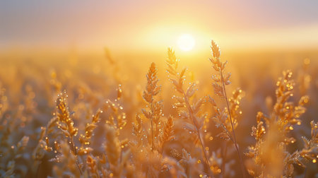 Oat fields at dawn with soft morning light casting a gentle glow over the dewy, golden crops...