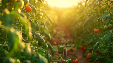Tomato farm at sunset with warm, golden light casting a gentle glow over the rows of healthy tomato plants Generative AIの写真素材