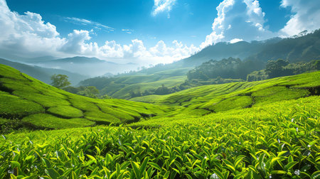 Rolling hills of a tea plantation under a clear blue sky with lush green tea bushes stretching into the distance Generative AIの写真素材