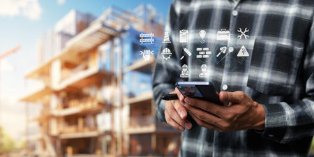 Engineer concept. Construction with machine icons or construction technology.