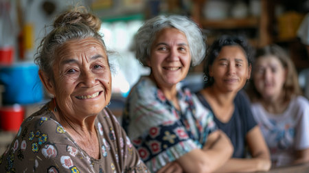 Group of diverse volunteers providing care and support to elderly people in a community center Generative AIの素材