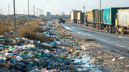 Industrial area covered in plastic waste, highlighting the pollution issue in manufacturing zones Generative AIの素材