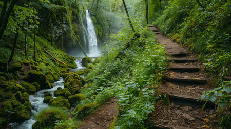 A picturesque waterfall in a dense forest, surrounded by moss-covered rocks and vibrant green foliage, with a wooden trail leading up to it Generative AIの素材