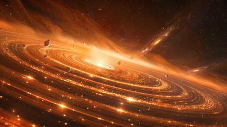 A close-up of a distant planet's rings, with meteors and comets streaking by Generative AIの素材