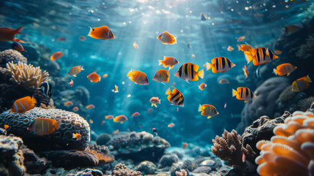 An underwater shot capturing the beauty of a coral reef with numerous fish swimming harmoniously in the clear blue water Generative AIの素材