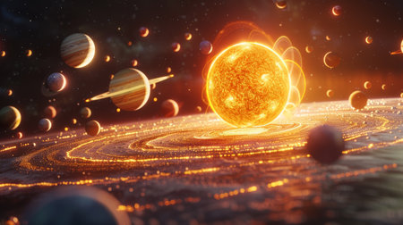 A vibrant solar system with colorful planets orbiting a glowing sun Generative AIの素材