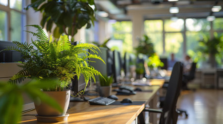 A modern office workspace with desks, computers, and potted plants, with employees working in the background Generative AIの素材