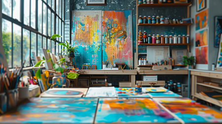 Artistic office room with colorful wall art, a creative workspace with art supplies, and a large window letting in natural light Generative AIの素材