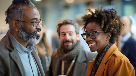 Colleagues having a discussion over coffee in a break room Generative AIの素材