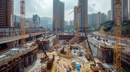 Busy construction site with cranes and workers Generative AIの素材