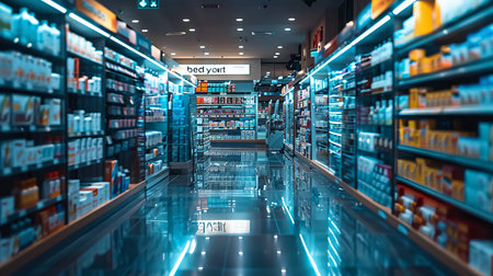 Interior of a modern drugstore with well-lit aisles and a wide range of pharmaceutical products Generative AIの素材