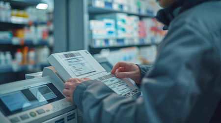 Close up of a pharmacist hands scanning a barcode on a medicine box in a drugstore Generative AIの素材