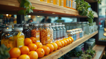 Drugstore window display showcasing the latest health and wellness products Generative AIの素材