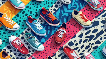 Stylish footwear collection displayed creatively on a patterned floor. Cartoon illustrations vectors Generative AIの素材