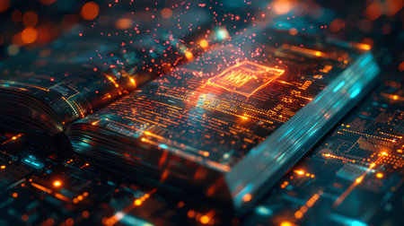 Open e book on a high-tech digital device with holographic elements in the background Generative AIの素材