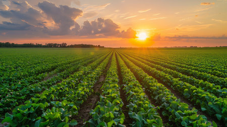 Sunrise over a large farm with rows of crops stretching to the horizon Generative AIの素材