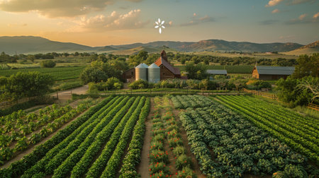 An extensive farm with silos, barns, and rows of vegetables and grains Generative AIの素材