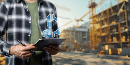 Engineer concept. Construction with machine icons or construction technology.