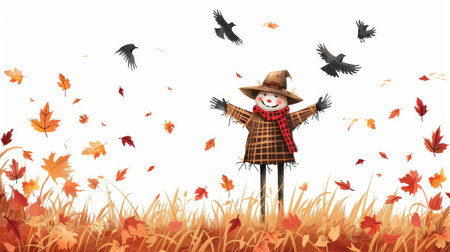 Cartoon Vector Scarecrow in a field with crows flying overhead and autumn leaves falling. Isolated white backgroundの素材