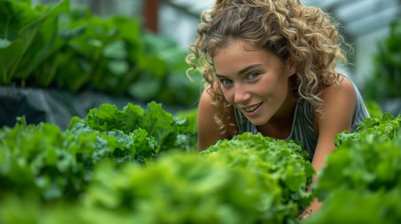 A young woman harvesting fresh lettuce from a hydroponic setup in an urban greenhouseの素材