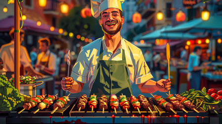 Chef grilling skewers of meat and vegetables over an open flame at a street food stand. Cartoon illustrations vectorsの素材