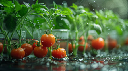 Healthy tomato plants growing in a hydroponic system with visible roots suspended in waterの素材