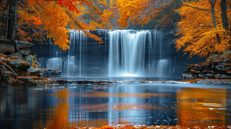 A picturesque waterfall flowing into a calm river, with vibrant autumn leaves adding a splash of color to the sceneの素材