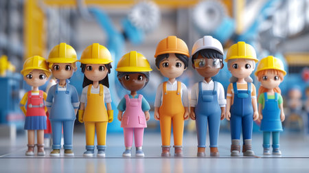 Cartoon 3D Diverse group of workers in a sustainable factory, showcasing the importance of ESG in industry. Isolated white backgroundの素材
