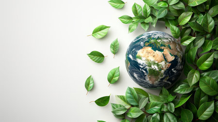 Cartoon 3D Earth surrounded by green leaves, symbolizing the connection between nature and ESG. Isolated white backgroundの素材