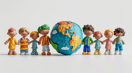 Cartoon 3D Happy diverse group of people holding hands around a globe, symbolizing unity for Earth Day. Isolated white backgroundの素材