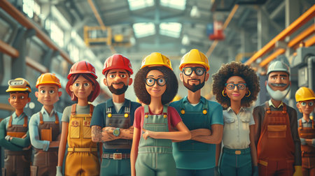 Cartoon 3D Diverse group of workers in a sustainable factory, showcasing the importance of ESG in industry. Isolated white backgroundの素材
