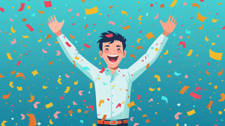 Cartoon vector person celebrating a business achievement with confettiの素材