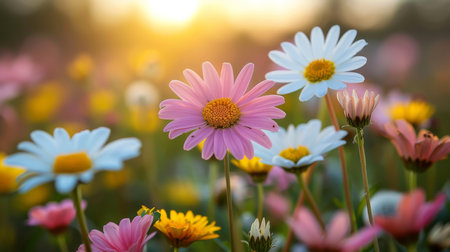 A field of flowers with a pink and white daisy in the foreground. The sun is setting in the background, casting a warm glow over the scene. The flowers are in full bloom, creating a vibrantの素材