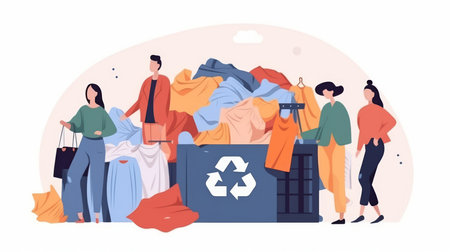 A group of people are standing around a dumpster full of clothes. The scene is meant to convey the importance of recycling and reducing wasteの素材