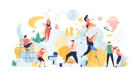 A group of people are shown in various poses, with some standing and others sitting. Concept of energy and activity, with people engaged in different activities such as reading, playing sportsの素材