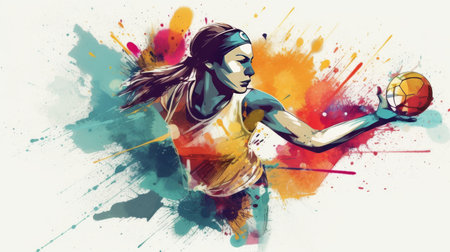 A woman is playing with a basketball. The image is colorful and vibrant, with a lot of splatters of paint. The woman is wearing a yellow tank top and is holding a basketball in her right handの素材