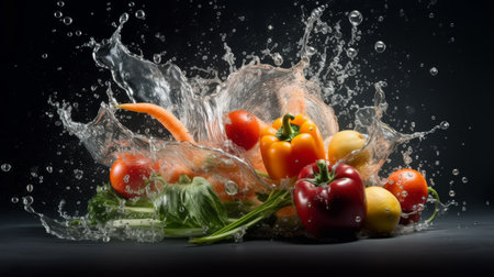 A splash of water has splashed over a pile of vegetables, including carrots, tomatoes, and peppersの素材