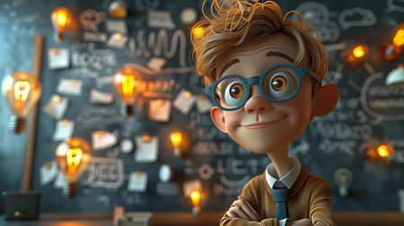 Cartoon 3D businessman brainstorming ideas on a whiteboardの素材