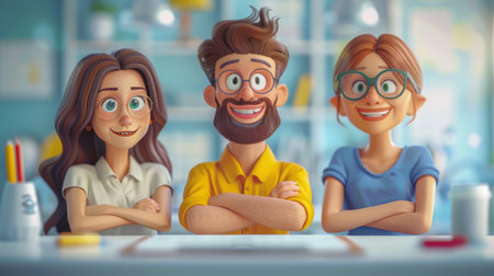 Cartoon 3D employees discussing ideas on a whiteboardの素材