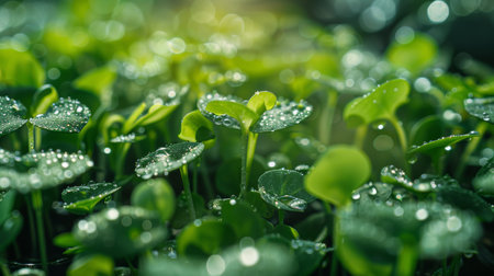 Realistic macro shot of water droplets on microgreens, highlighting their freshness and crispnessの素材