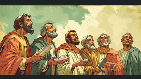 29051251 04 Cartoon illustration of the Pentecost event, with the Apostles receiving the gift of tongues and speaking in different languages --ar 16:9 --style raw --stylize 250 Job ID: 4447987d-b440-4838-8596-f2d2a679c0edの素材