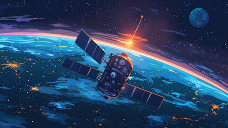 Cartoon vector satellite orbiting Earth with a view of continents belowの素材