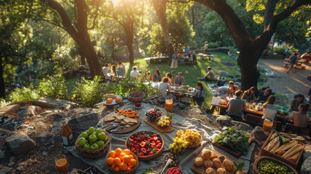 An overhead shot of a family having a picnic in a lush green park, with a blanket spread out, filled with summer fruits and snacks, illustrating the joys of outdoor activities.の素材